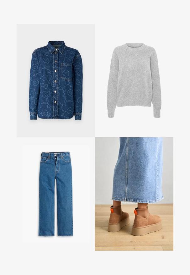 Szürke, hosszú ujjas, kötött pulóver, kerek nyakkivágással, bordázott mandzsettákkal és aljjal, engedve egy puha textúrát és laza fazont.; Marimekko Ing - denim; Kék farmer egyenes szárú nadrág, magas derékkal, öt zsebes kialakítással és gombos résszel. Figyelemfelkeltő varrás és rézszínű szegecsek jellemzik.; Barna velúr platform csizmák elasztikus oldalsó panelekkel és narancssárga húzófülekkel, amelyek egy térdközépig érő világoskék farmer szoknyával vannak párosítva egy fás padlón.