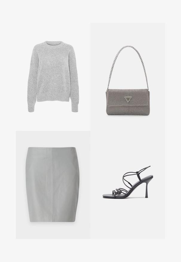 Pelēks adīts džemperis ar garām piedurknēm, apaļu kakla izgriezumu, ribotām aprocēm un apakšmalu, ar mīkstu tekstūru un brīvu piegriezumu.; Pelēka ādas zīmuļu svārki ar gludu tekstūru, kam ir vienkāršs dizains un centrāla šuve, kas vertikāli gaida uz aizmuguri.; Melnas augstpapēžu sandales ar plāniem siksniņām un mezgla dizainu, gluda kvadrātveida purngalu un elegantu stiletto papēdi.; Gaiši pelēka metāla rokassoma ar ķēdes siksnu, rotāta ar mazām apaļām metāla kniedēm un trīsstūra zīmola logo.; Sudraba riņķveida auskari ar gludu, spīdīgu apdari. Apaļas formas, viegla dizaina, ar aizdari uz stieples.