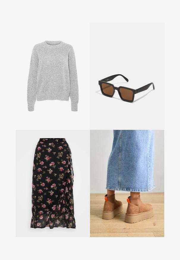Harmaa neulottu paita pitkillä hihoilla, pyöreällä kaula-aukolla, ribbireunuksilla ja helmalla, jossa on pehmeä tekstuuri ja rento istuvuus.; Musta kukkaneulehame, jossa on vaaleanpunaisia ja vihreitä kuvioita, liehuva muotoilu ja röyhelöhelma. Valmistettu kevyestä, puoliksi läpikuultavasta kankaasta.; Ruske mokasine z platformo in elastiko na straneh ter oranžnimi zategovalnimi trakovi, v kombinaciji z osnovno dolžino svetle denim krila na lesenem podu.; Mustat neliönmuotoiset aurinkolasit ruskeilla linsseillä, joissa on matta pinta ja kultaiset yksityiskohdat kehyksetissä. Suunnittelu on kulmikas ja leveillä sivuilla.; Kultaiset rengas korvakorut, joilla on sileä, kaareva muotoilu. Valmistettu metallista, jossa on tyylikäs viimistely ja takana kiinnitettävä suljenta.