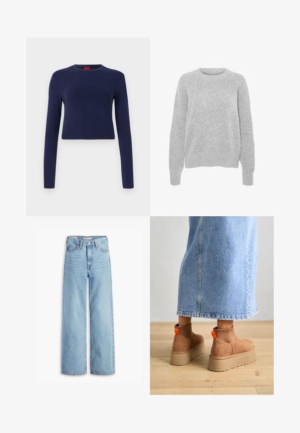 Suéter gris de punto con mangas largas, cuello redondo, puños y dobladillo acanalados, que presenta una textura suave y un corte relajado.; Top corto de manga larga en azul marino, confeccionado en una tela suave, con un cuello redondo y un logo en relieve en el pecho.; Jeans de pierna ancha de talle alto, de un azul claro, con botón y cremallera en el frente, lazos para cinturón y estilo de cinco bolsillos.; Botas de plataforma de ante marrón con paneles laterales elásticos y tiradores naranjas, combinadas con una falda de mezclilla ligera hasta la rodilla sobre un suelo de madera.