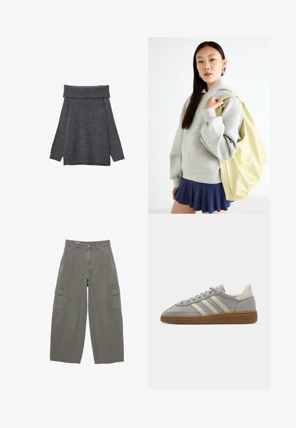 Tmavošedý sveter s širokým, rebrovaným výstrihom cez rameno. Dlhé rukávy a voľný strih s rebrovanými manžetami a lemom. Mäkká textúra.; Žltá pruhovaná košeľa s dlhými rukávmi, špicatým golierom a predným zapínaním na gombíky. Obsahuje vertikálne modré pruhy a prispôsobený strih.; Nohavice cargo v olivovej zelenej farbe, s širokými nohavicami, prednými vreckami a dvoma bočnými cargo vreckami so chlopňami. Textúrovaný bavlnený materiál.; Šedé semišové tenisky s svetlosivými koženými pruhmi a gumovou podrážkou. Medzi vlastnosti patrí šnurovanie a jemné logo na jazyku.; Sivá oversized mikina s klokanským vreckom, skombinovaná s námorníckou rozšírenou sukňou. Doplnok: veľký svetložltý batoh s hladkým povrchom.