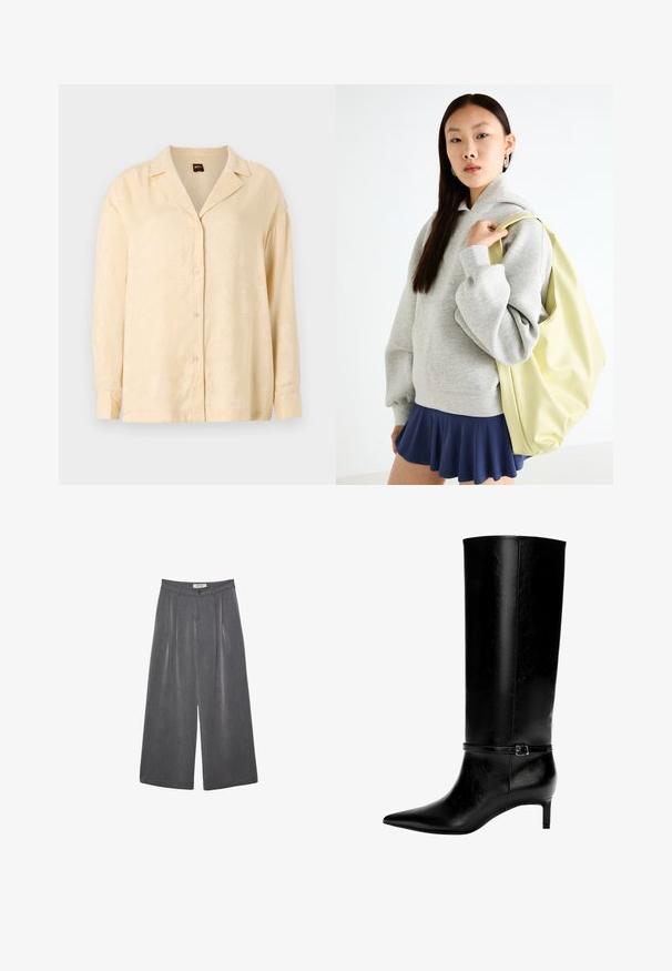 Tamno siva dukserica s širokim, rebrastim izrezom s ramena. Dugi rukavi i slobodan kroj s rebrastim manžetama i rubom. Mekana tekstura.; Svijetlosmeđi košulja s dugim rukavima i urezanim ovratnikom, s suptilnim uzorkom palminog lista. Gumbi su u tonu boje.; Dugi hlače širokog kroja s plitkim naborima u tamnosivoj tkanini s suptilnom teksturom. Sadrže zatvaranje na gumba i klasičan dizajn struka.; Crne kožne čizme do koljena s uskim vrhom i malom petom. Imaju usku traku s metalnom kopčom oko gležnja. Glatka tekstura.; Sivi oversized dukserica s kapuljačom i kengur džepom, u kombinaciji s mornarsko plavom suknjom šireg kroja. Dodatak: velika svijetlo žuta torba, glatke teksture.