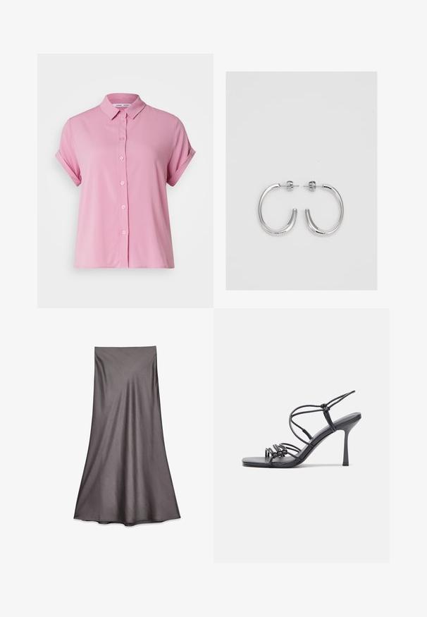 Temno sivi pulover z širokim rebrastim ovratnikom, ki se nosi sramnik. Dolgi rokavi in ohlapen kroj z rebrastimi manšetami in robom. Mehka tekstura.; Samsøe Samsøe MAJAN SS - Bluza z gumbi - pink; Siva satin midi krila z gladko teksturo in padajočim dizajnom. Ima raven kroj, ki sega pod kolena, brez okrasnih elementov.; Črne visoke sandale na peto imajo tanke naramnice z vozlom, gladek kvadratni toe in eleganten stiletto peto.; Srebrne uhančke v obliki obroča z gladko, sijočo površino, ukrivljene oblike in zapiranjem na zatič. Minimalistična zasnova z modernim zaključkom.