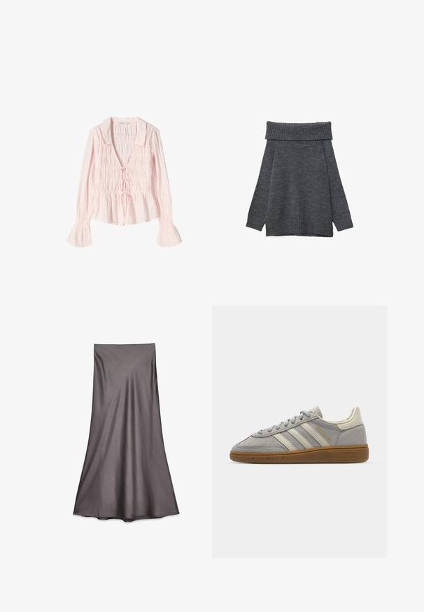 Temno sivi pulover z širokim rebrastim ovratnikom, ki se nosi sramnik. Dolgi rokavi in ohlapen kroj z rebrastimi manšetami in robom. Mehka tekstura.; Svetlo roza bluzica s ovratnikom, smockiranim korzetom in vezanjem spredaj. Ima dolge rokave z razširjenimi manšetami in teksturirano tkanino.; Siva satin midi krila z gladko teksturo in padajočim dizajnom. Ima raven kroj, ki sega pod kolena, brez okrasnih elementov.; Sive športne copate iz semiša z svetlosivimi usnjenimi črtami in gumijastim podplatom. Značilnosti vključujejo vezalni sistem in subtilno blagovno oznako na jezičku.