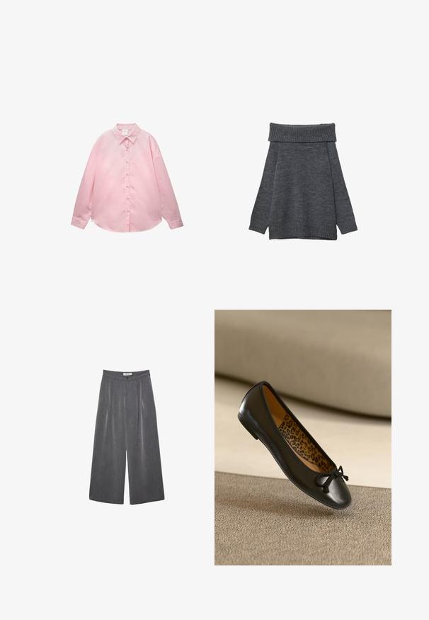 Tummanharmaa neulepaita, jossa on leveä, ribattu olkaimeton kaula-aukko. Pitkät hihat ja väljä malli, ribatut hihansuut ja helma. Pehmeä rakenne.; Vaaleanpunainen pitkähihainen nappipaita, jossa on ohuita valkoisia pystyraitoja ja terävä kaulus, asetettuna tasaiseksi valkoista taustaa vasten.; Pleated leveleijoushousut tummanharmaasta kankaasta, jossa on hieno rakenne. Ominaisuuksina napin suljenta ja klassinen vyötärönauhan muotoilu.; Musta nahkainen balleriinan tossu pyöreällä kärjellä ja kankaalla koristellulla rusetilla, jossa on leopardikuvioinen sisävuori. Sileä pinta ja ohut muotoilu.