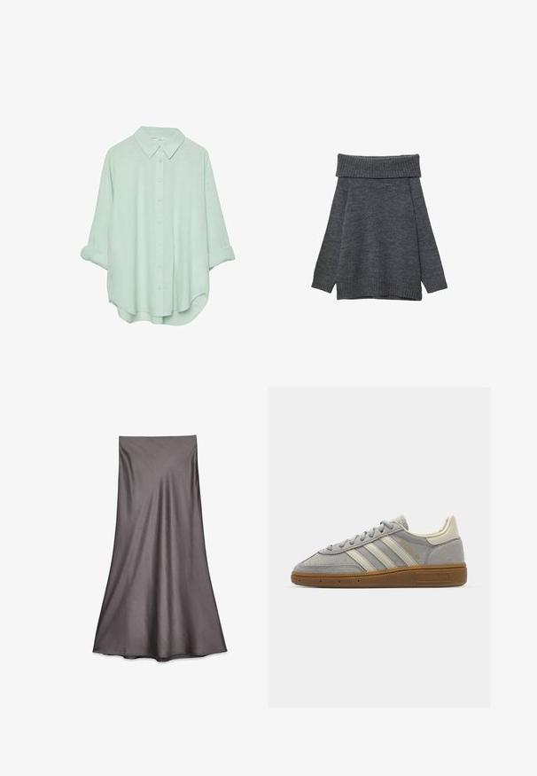 Dunkelgrauer Pullover mit weitem, geripptem, schulterfreiem Ausschnitt. Lange Ärmel und eine lockere Passform mit gerippten Bündchen und Saum. Weiche Textur.; Mintgrünes Button-Down-Hemd mit Kragen, hochgekrempelten Ärmeln und einer lockeren Passform. Hergestellt aus einem leichten, weichen Stoff mit glatter Textur.; Graue Satin-Midi-Rock mit glatter Textur und fließendem Design. Verfügt über einen geraden Schnitt, der unterhalb des Knies endet, ohne Verzierungen.; Graue Wildledersneaker mit hellgrauen Lederstreifen und einer Sohle aus Gummi. Zu den Merkmalen gehören eine Schnürung und dezente Markenkennzeichnung auf der Zunge.