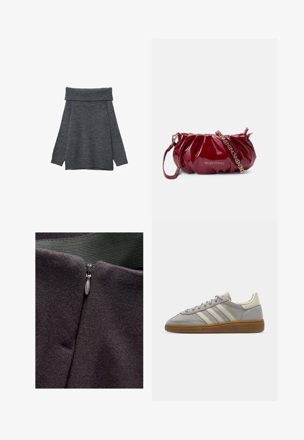 Dark gray sweater with a wide, ribbed off-the-shoulder neckline. Long sleeves and a loose fit with ribbed cuffs and hem. Soft texture.; Zip closure detail on a dark gray fabric, featuring a smooth texture and a metallic zipper pull, with a green woven tape above.; Gray suede sneakers with light gray leather stripes and a gum rubber sole. Features include lace closure and subtle branding on the tongue.; Burgundy patent leather handbag featuring a gathered design, gold hardware, and an adjustable strap with "VALENTINO" lettering.