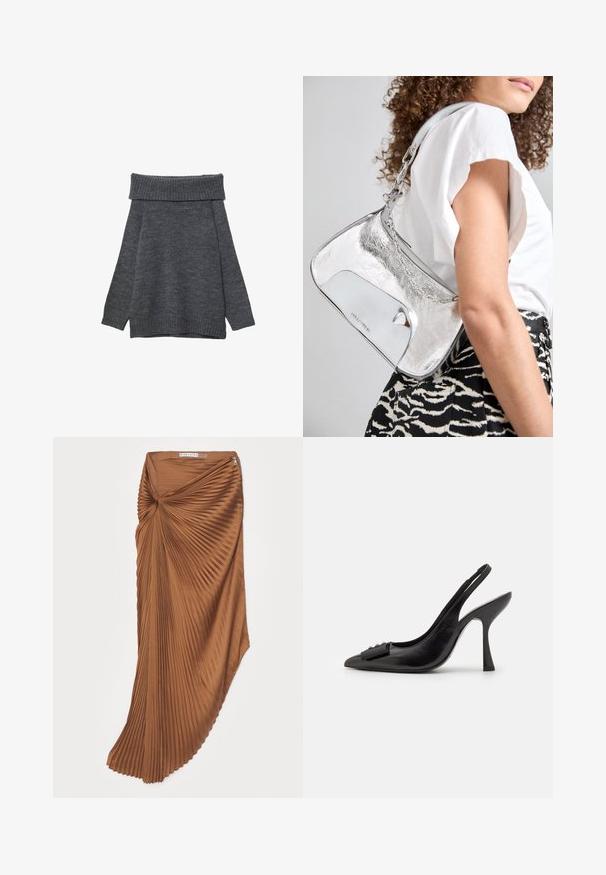 Dunkelgrauer Pullover mit weitem, geripptem, schulterfreiem Ausschnitt. Lange Ärmel und eine lockere Passform mit gerippten Bündchen und Saum. Weiche Textur.; Brauner Faltenrock mit einer Twist-Gestaltung an der Taille, der eine glatte Textur und einen seitlichen Reißverschluss hat.; Schwarzer Leder-Slingback-Schuh mit spitzem Zehenbereich, schlankem High Heel und dekorativem Schleifenakzent. Glatte Textur und elegantes Design.; Silberne metallische Schultertasche mit glatter Textur, geschwungenem Design, Kettenriemen und einer glänzenden Vorderseite mit einer dezenten Logo-Gravur.; Silberohrringe mit einem fließenden, spiralförmigen Design. Glatte Textur mit polierter Oberfläche. Verfügt über einen subtilen Glanz und keine sichtbaren Verzierungen.