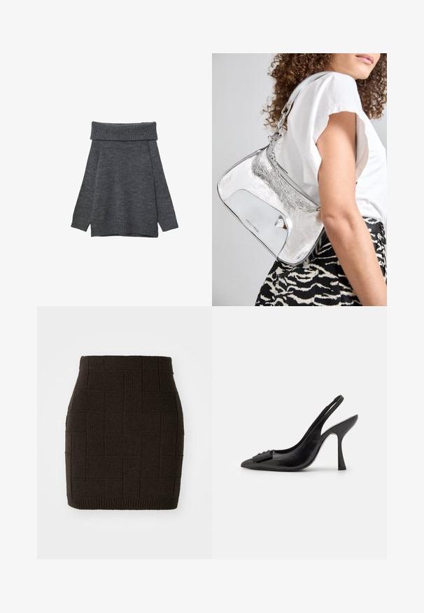 Ciemnoszary sweter z szerokim, prążkowanym dekoltem odsłaniającym ramiona. Długie rękawy i luźny krój z prążkowanymi mankietami i dołem. Miękka tekstura.; Dzianinowa mini spódnica w ciemnym brązowym kolorze z teksturowanym, tkanym wzorem i dopasowanym pasa. Brzeg jest prążkowany dla dodatkowego detalu.; Czółenka na obcasie z czarnej skóry z odkrytym piętą, o ostrym nosku, smukłym wysokim obcasie i dekoracyjną kokardą. Gładka tekstura i elegancki design.; Srebrna, metaliczna torebka na ramię o gładkiej fakturze, zakrzywionym kształcie, łańcuszkowym pasku oraz wypolerowanej przedniej części z delikatnym grawerem logo.