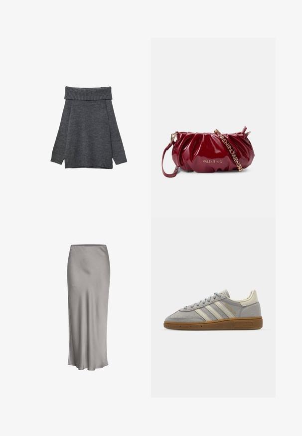 Maglione grigio scuro con un ampio scollo a costine a spalla scoperta. Maniche lunghe e vestibilità morbida con polsini e orlo a costine. Texture morbida.; Gonna midi in satin grigio con una texture liscia, una leggera lucentezza e un'orlo svasato, caratterizzata da un design semplice e pulito.; Sneakers in suede grigio con strisce in pelle grigia chiara e suola in gomma color gomma. Le caratteristiche includono chiusura con lacci e branding sottile sulla linguetta.; Borsa a mano in pelle verniciata borgogna con design arricciato, accessori in oro e tracolla regolabile con la scritta "VALENTINO".