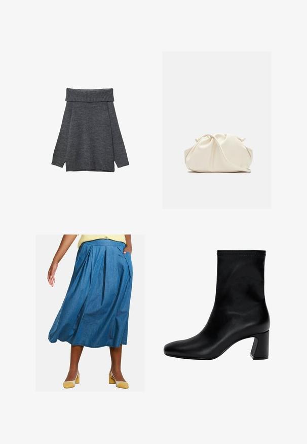 Tmavošedý sveter s širokým, rebrovaným výstrihom cez rameno. Dlhé rukávy a voľný strih s rebrovanými manžetami a lemom. Mäkká textúra.; Džinová midi sukňa s plisovaním, má vysoký pás a bočné vrecká, v strednej modrej farbe, s hladkou textúrou.; Čierne členkové topánky z hladkej kože. Majú štvorcový špičku, elastický vrch a masívny podpätok pre stabilitu. Minimalistický dizajn.; Krémová, mäkká taška z umelého kože s nariaseným dizajnom, nastaviteľným popruhom a jemným šnurovaním. Hladký povrch a zaoblený tvar.