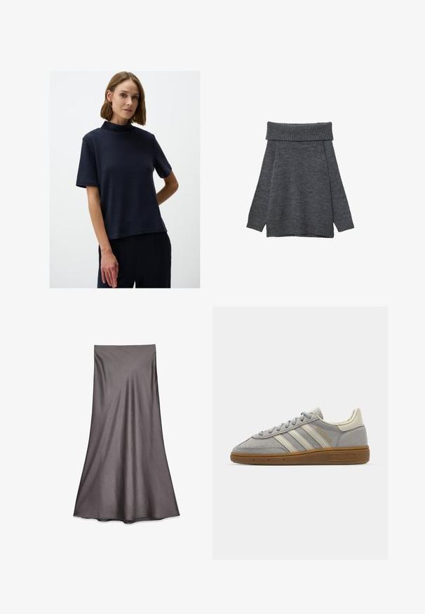 Dunkelgrauer Pullover mit weitem, geripptem, schulterfreiem Ausschnitt. Lange Ärmel und eine lockere Passform mit gerippten Bündchen und Saum. Weiche Textur.; Marineblaues Oberteil mit kurzen Ärmeln und Stehkragen, aus strukturiertem Stoff gefertigt, mit lockerem Schnitt und geradem Saum. Einfaches Design ohne Muster.; Graue Satin-Midi-Rock mit glatter Textur und fließendem Design. Verfügt über einen geraden Schnitt, der unterhalb des Knies endet, ohne Verzierungen.; Graue Wildledersneaker mit hellgrauen Lederstreifen und einer Sohle aus Gummi. Zu den Merkmalen gehören eine Schnürung und dezente Markenkennzeichnung auf der Zunge.