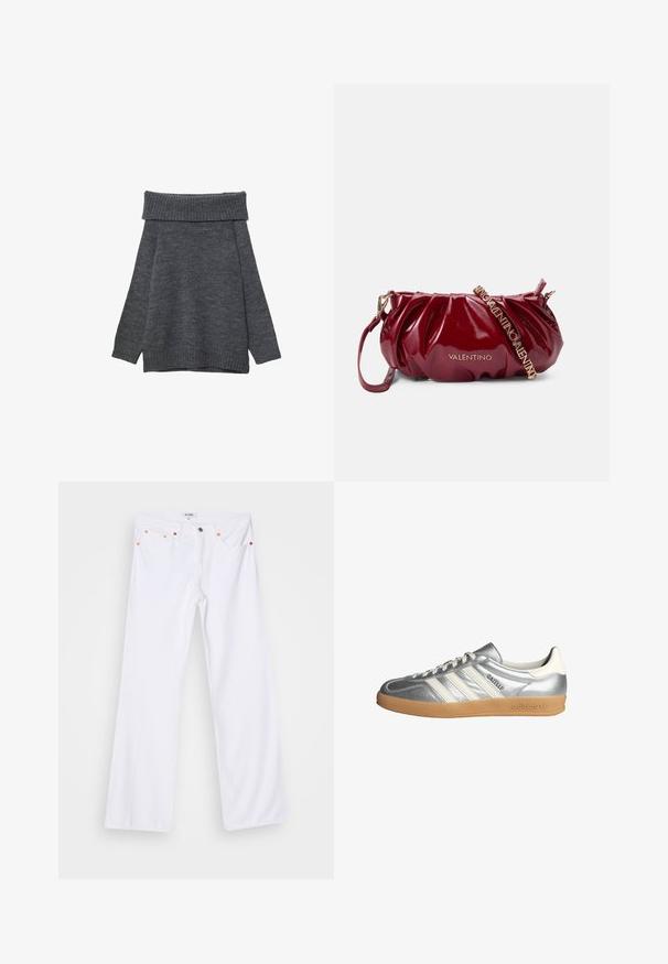 Dunkelgrauer Pullover mit weitem, geripptem, schulterfreiem Ausschnitt. Lange Ärmel und eine lockere Passform mit gerippten Bündchen und Saum. Weiche Textur.; Weiße Jeans im Schlagdesign mit orangefarbenen Nähten, fünf Taschen und einem Metallknopfverschluss. Die Oberfläche hat ein glattes, leicht strukturiertes Finish.; Silberne Sneakers mit weißen Akzenten, ausgestattet mit drei Streifen, einer abgerundeten Spitze und einer Sohle aus Gummi. Strukturierter metallischer Stoff.; Burgunderfarbene Lackleder-Handtasche mit gerafftem Design, goldenen Beschlägen und einem verstellbaren Tragegurt mit "VALENTINO"-Schriftzug.