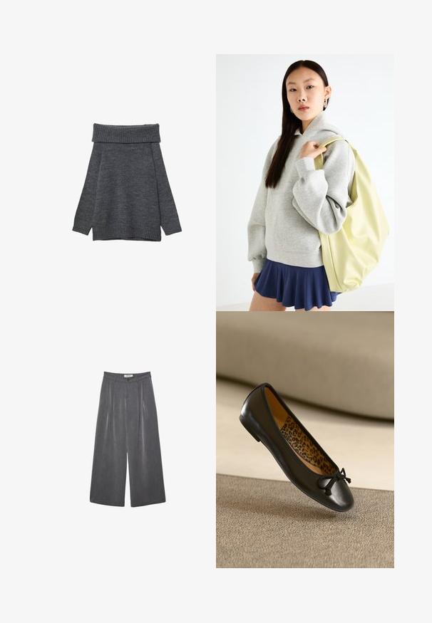 Tmavě šedý svetr s širokým, žebrovaným výstřihem na jednom rameni. Dlouhé rukávy a volný střih s žebrovanými manžetami a spodním lemem. Měkká textura.; Přehnuté kalhoty s širokými nohavicemi v tmavě šedé tkanině s jemnou texturou. Obsahují zapínání na knoflík a klasický design pasu.; Černá kožená baletní balerína s kulatou špičkou a látkovou mašlí, s leopardím vzorem uvnitř. Hladká textura a štíhlý profil.; Šedá oversized mikina s klokaní kapsou, spárovaná s námořnickou áčkovou sukní. Doplňky: velký světle žlutý batoh s hladkým povrchem.