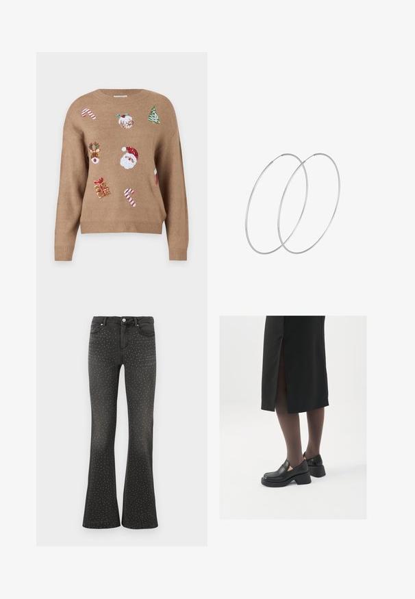 Maglione lavorato a maglia marrone con decorazioni ricamate a tema natalizio, tra cui Babbo Natale, renne, regali e bastoncini di zucchero in vari colori.; Jeans neri a zampa d'elefante in denim, decorati con borchie bianche su tutta la superficie. Vita alta con styling a cinque tasche standard e zip.; Scarpe in pelle nera con punta arrotondata, tacco spesso a blocco e accenti laterali in elastico, abbinate a collant scuri e una gonna nera con uno spacco.; Orecchini a cerchio in argento con un design minimalista. Forma circolare, superficie liscia e profilo sottile. Leggeri con una finitura lucida.