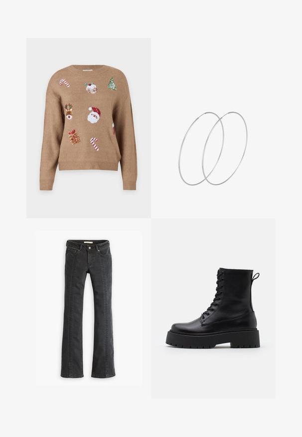 Brauner Strickpullover mit weihnachtlichen gestickten Motiven, darunter der Weihnachtsmann, Rentiere, Geschenke und Zuckerstangen in verschiedenen Farben.; Schwarze Denim-Jeans mit Schlag, fünf Taschen, Gürtelschlaufen und kontrastierendem Nähen entlang der vorderen Nähte. Weicher Stoff und normale Taille.; Schwarze Lederstiefeletten mit runder Zehenpartie, Schnürung vorne und einer dicken Gummisohle mit strukturiertem Profil. Mit Zugschlaufe an der Rückseite.; Silberne Creolen mit minimalistischem Design. Rundform, glatte Oberfläche und dünnes Profil. Leichtgewichtig mit hochglänzender Oberfläche.