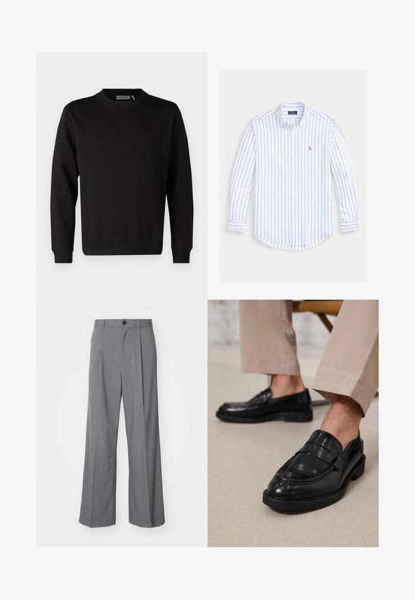 Svart hettegenser laget av glatt bomullsblanding, med rund hals, lange ermer, og ribbestrikkede mansjetter og kant. Ingen mønstre eller detaljer synlige.; Lys blå og hvit stripet langermet skjorte med knapper. Mykt stoff med avrundet kant, med en liten logo aksent på brystet.; Weekday UNO LOOSE SUIT TROUSERS - Dressbukse - dark grey; Svarte skinnloafers med glatt overflate, med en dekorativ stropp og kontrastbroderi, sammen med beige bukser.