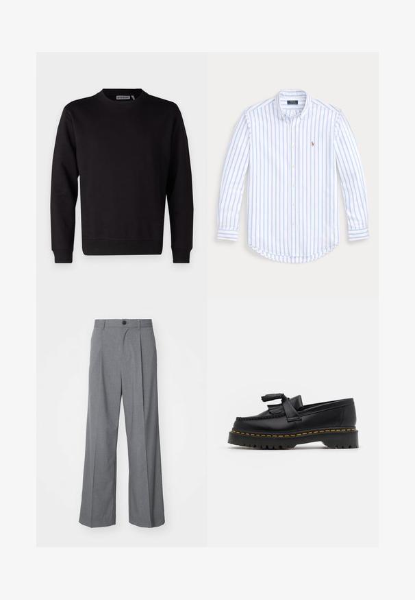 Zwarte sweatshirt van een gladde katoenmix, met een ronde hals, lange mouwen en geribbelde manchetten en zoom. Geen patronen of opvallende details zichtbaar.; Lichtblauw en wit gestreepte lange mouw blouse met knopen, gemaakt van katoen, met een ronde zoom en een klein geborduurd logo op de borst.; Weekday UNO LOOSE SUIT TROUSERS - Pantalon - dark grey; Zwarte leren loafers met een franjesaccent, voorzien van een dikke zwarte zool en gele stiksels langs de rand. Gevoelige afwerking.