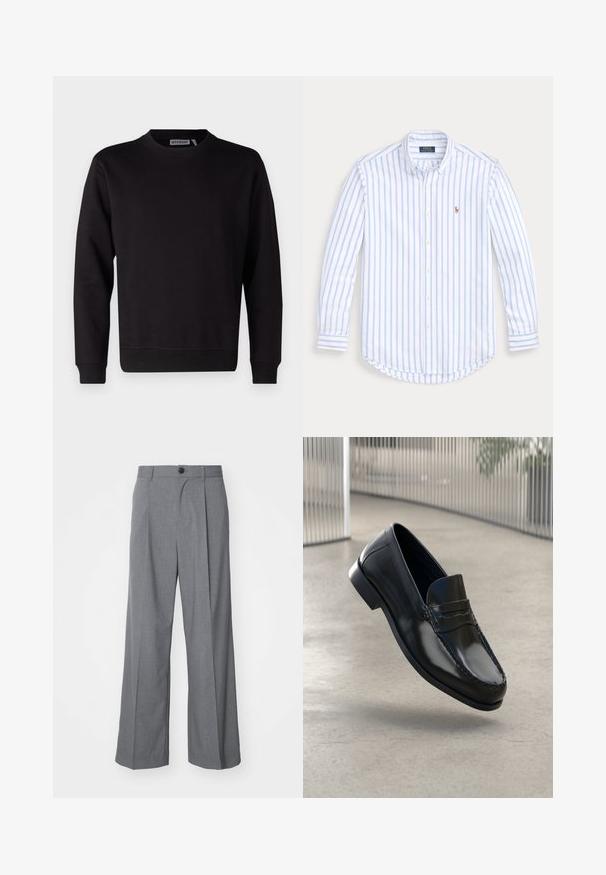 Juodasis džemperis, pagamintas iš lygaus medvilnės mišinio, turi apvalų kaklą, ilgas rankoves ir ribotuvius bei apvadą. Nenustatyti jokie raštai ar akcentai.; Šviesiai mėlyna ir balta dryžuota ilgomis rankovėmis marškinėlių palaidinė, pagaminta iš medvilnės, su išlenktu hemu ir mažuoju išsiuvinėtų logotipu ant krūtinės.; Weekday UNO LOOSE SUIT TROUSERS - Kostiuminės kelnės - dark grey; Juodi odiniai bateliai be kulno, su lygia apdaila, apvalia nosimi, dekoratyviomis siūlėmis ir šiek tiek pakelta pado dalimi.