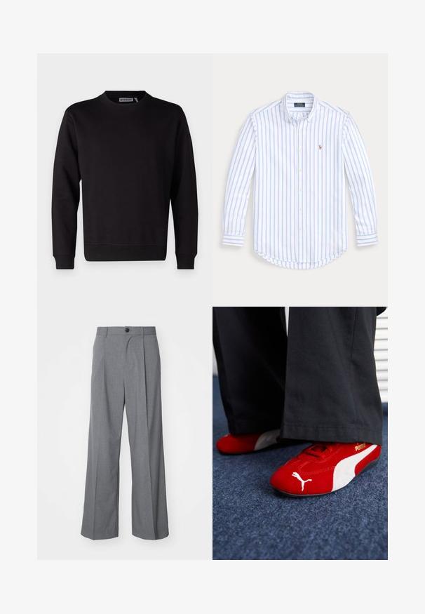 Musta huppari, joka on valmistettu sileästä puuvillasekoitteesta, jossa on pyöreä kaula-aukko, pitkät hihat sekä resorit hihansuissa ja helmassa. Ei näkyviä kuvioita tai yksityiskohtia.; Vaaleansininen ja valkoinen raidallinen pitkähihaisen napillinen paita, valmistettu puuvillasta, jossa on kaareva helma ja pieni brodeerattu logo rinnassa.; Weekday UNO LOOSE SUIT TROUSERS - Puvunhousut - dark grey; Punaiset mokkapohjaiset lenkkarit valkoisilla yksityiskohdilla, joissa on tekstuurinen materiaali, pyöreä kärki ja kultainen logo sivussa, yhdistetty mustiin housuihin.