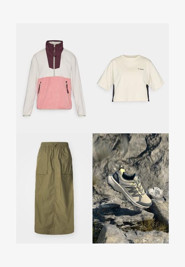 Fleece genserjakke med hvit øverste del, rosa nederste del og vinrød krage; inkluderer sidelommer med glidelås og en halv-zip front.; Cremerfarget, kort t-skjorte med rund hals, kortermet og svarte sidepaneler; har en liten svart logo på brystet.; Olivenfarget midtlange skjørt laget av lett stoff, med elastisk midjebånd, snøring og to sidelommer.; Columbia terrengløpesko i lys beige og grå. Mesh-overdel med teksturdetaljer, gummiyttersåle og reflekterende detaljer. Lett design.