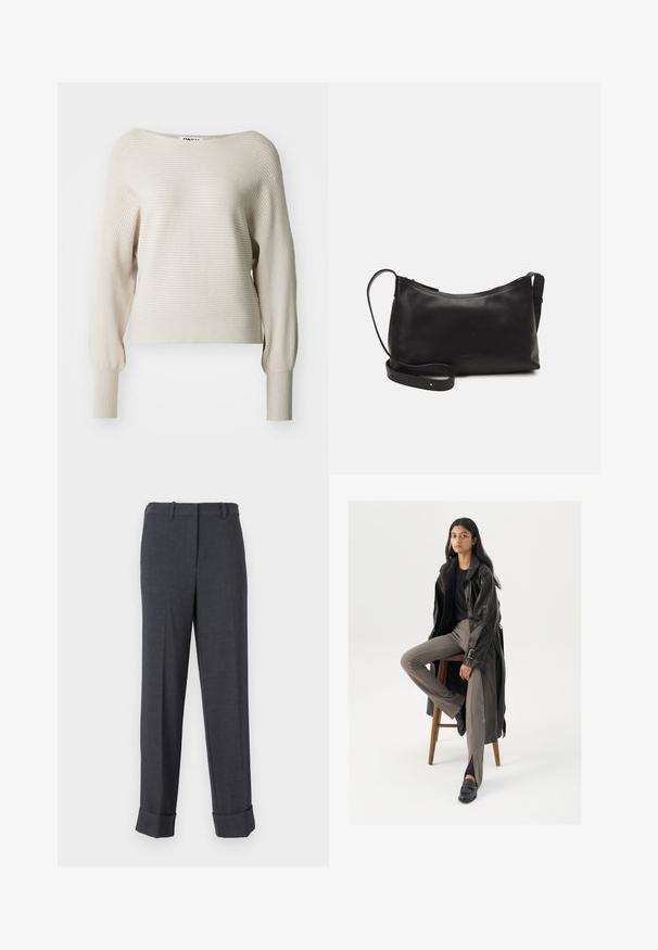 Beige ribbed sweater with a wide neckline, long sleeves, and fitted cuffs. Soft texture with subtle horizontal stripes. Brand label visible.; Grey tailored trousers made of textured fabric, featuring a straight leg, belt loops, and cuffed hems for a structured appearance.; Black leather trench coat with buttons and belt detail, paired with light brown fitted pants and black loafers, seated on a wooden stool.; Black leather shoulder bag with a smooth texture, curved shape, adjustable strap, and a zip closure. Minimalist design without embellishments.