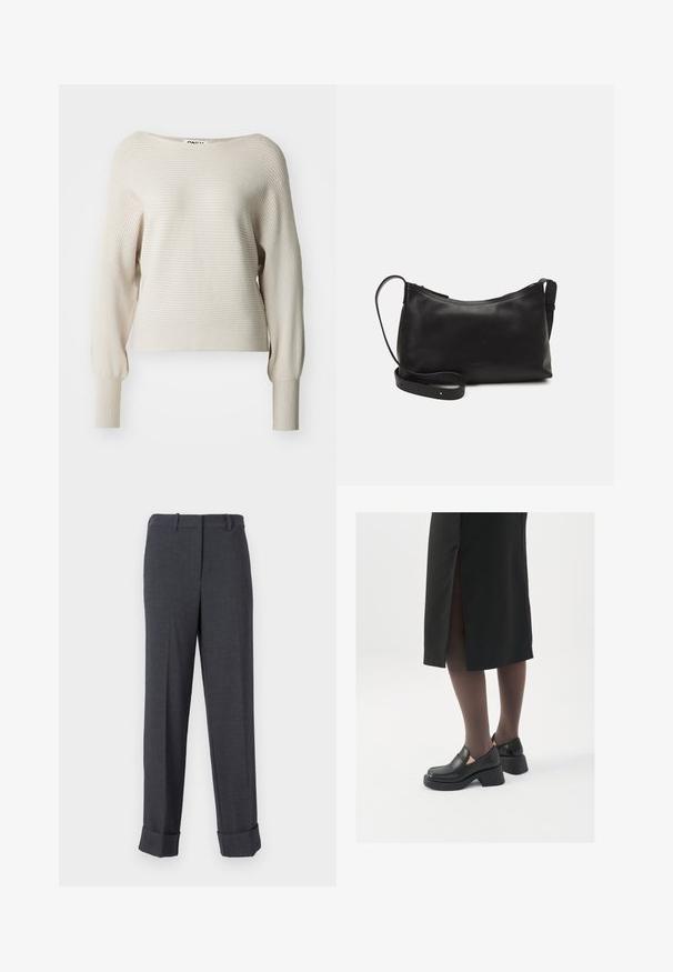 Sweater bege canelado com um decote largo, mangas longas e punhos ajustados. Textura suave com riscas horizontais subtis. Etiqueta da marca visível.; Calças cinzas personalizadas, feitas de tecido texturizado, apresentando uma perna recta, passantes para cinto e bainhas franzidas para uma aparência estruturada.; Sapatos de couro pretos com bico arredondado, salto bloco grosso e detalhes elásticos laterais, combinados com meias escuras e uma saia preta com uma abertura.; Bolsa de ombro em pele preta com textura suave, forma curva, alça ajustável e fecho com zip. Design minimalista sem adornos.