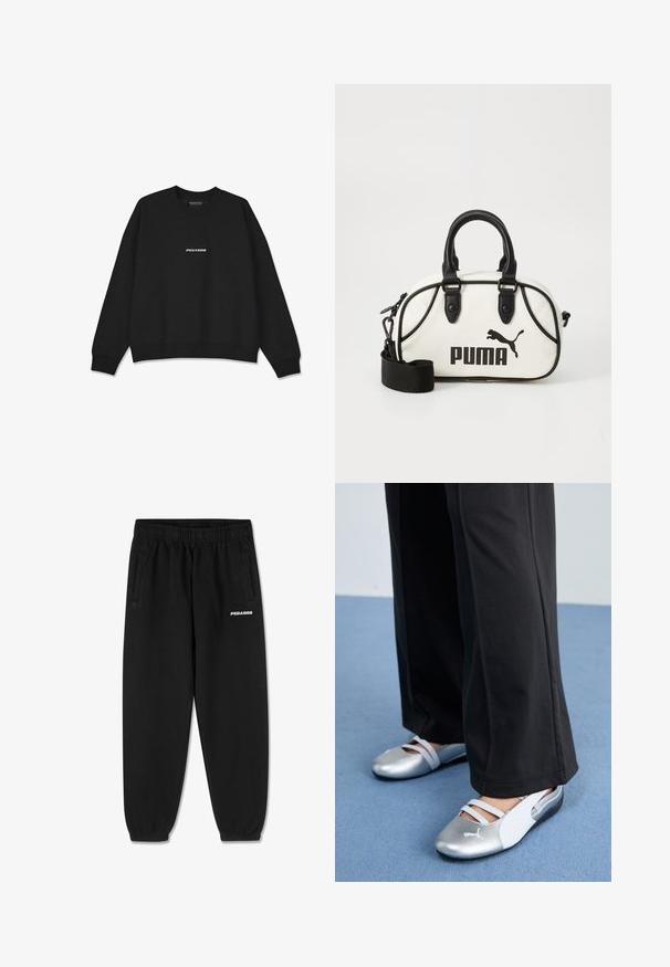 Sweatshirt preta com decote redondo e punhos canelados. Apresenta o logótipo branco "PEGADOR" na frente. Feita de um tecido suave com um corte descontraído.; Camiseta de algodão cinza com mangas curtas, apresentando um decote redondo e um pequeno logótipo branco "PEGADOR" na parte da frente. Textura suave, ajuste descontraído.; Calças de sweats pretas feitas de tecido suave, com uma cintura elástica ajustável, pernas ajustadas e bolsos laterais. Logótipo "PEGADOR" em branco na parte da frente.; Sapatos planos prateados e brancos com tiras cruzadas e detalhes texturizados, complementados por calças pretas soltas. Colocados sobre um chão azul.; Bolsa branca com detalhes em preto, apresentando o logótipo da Puma. Alças curtas e arredondadas e uma alça removível, feita de material sintético texturizado.