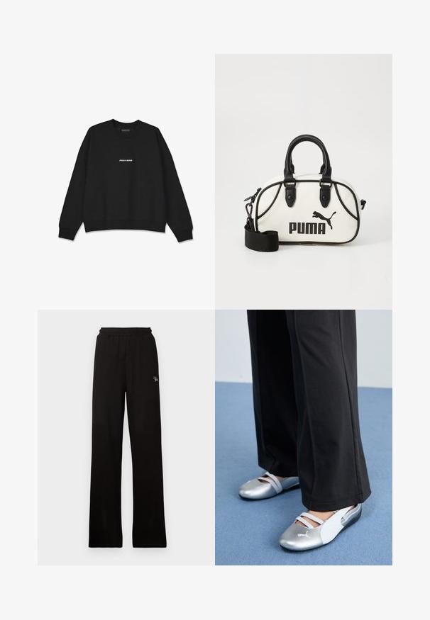 Black sweatshirt with a crew neckline and ribbed cuffs. Features white "PEGADOR" logo on the front. Made from soft fabric with a relaxed fit.; Black ribbed wide-leg pants with an elastic waistband and small decorative logo, featuring a smooth texture and full-length design.; Silver and white flat shoes with crossover straps and textured detailing, complemented by loose black trousers. Set against a blue floor.; White handbag with black accents, featuring a Puma logo. Short, rounded handles and a detachable strap, made from textured synthetic material.