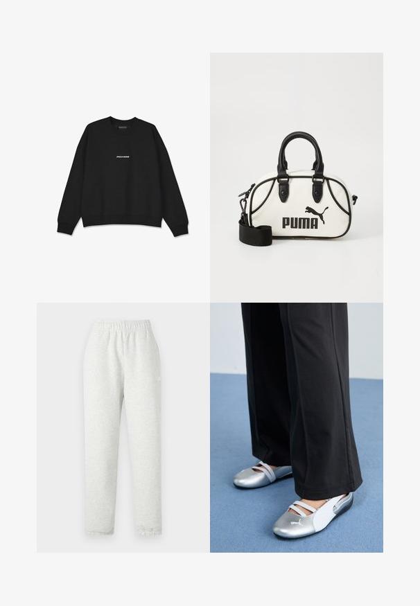Schwarzer Pullover mit Rundhalsausschnitt und gerippten Bündchen. Verfügt über ein weißes "PEGADOR"-Logo auf der Vorderseite. Hergestellt aus weichem Stoff mit lockerer Passform.; Helle graue Jogginghose mit elastischem Bund, schmal zulaufenden Beinen und gerippten Bündchen. Hergestellt aus einem weichen, strukturierten Stoff. Weißes Logo-Detail an der Seite.; Silberne und weiße flache Schuhe mit überkreuzten Riemen und strukturierten Details, ergänzt durch lockere schwarze Hosen. Vor einem blauen Boden.; Weißer Handtasche mit schwarzen Akzenten, ausgestattet mit einem Puma-Logo. Kurze, abgerundete Griffe und ein abnehmbarer Schultergurt, hergestellt aus strukturiertem synthetischem Material.