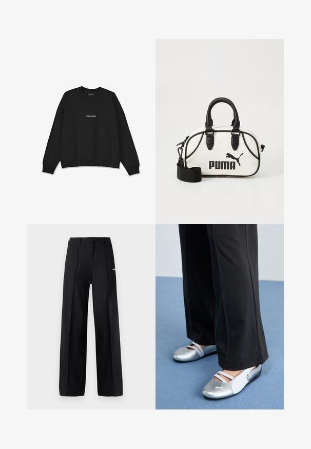 Hanorac negru cu guler rotund și manșete cu nervuri. Prezintă logo-ul alb "PEGADOR" pe partea din față. Fabricat dintr-un material moale, cu o croială lejeră.; Pantaloni largi negri, dintr-un material neted, cu pliuri și un accent mic cu logo. Proiectați cu o talie medie.; Pantofi plat din silver și alb cu bretele încrucișate și detalii texturate, completate de pantaloni negri lejeri. Fundalul este un podea albastră.; Geantă albă cu accente negre, ce prezintă un logo Puma. Mânere scurte și rotunjite și o curea detașabilă, confecționată din material sintetic texturat.