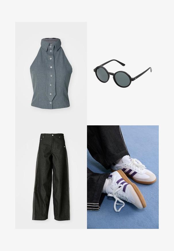 Gelbes Sweatshirt mit schwarzen und roten Akzenten. Verfügt über eine Fahrrad-Grafik und den Text "Cyclone". Hergestellt aus weichem Material, mit einem gerafften Saum.; Graues ärmelloses Oberteil mit hohem Kragen und Knöpfen auf der Vorderseite, das durch ein strukturiertes Design und eine glatte Stofftextur besticht.; Schwarze Denim-weit geschnittene Hose mit weißen Seitestreifen, vorne mit Taschen, einem Knopfverschluss und einem dezenten Logo in der Nähe des Bundes.; Weiße Sportschuhe mit lila Streifen und braunen Gummisohlen, ausgestattet mit runden Schnürsenkeln und einem gepolsterten Kragen. Getragen mit dunkler Jeans.; Runde Sonnenbrillen mit einem schwarzen Kunststoffrahmen und dunkelgrauen Gläsern. Sie verfügen über dünne, gerade Bügel mit minimalistischen Akzenten.