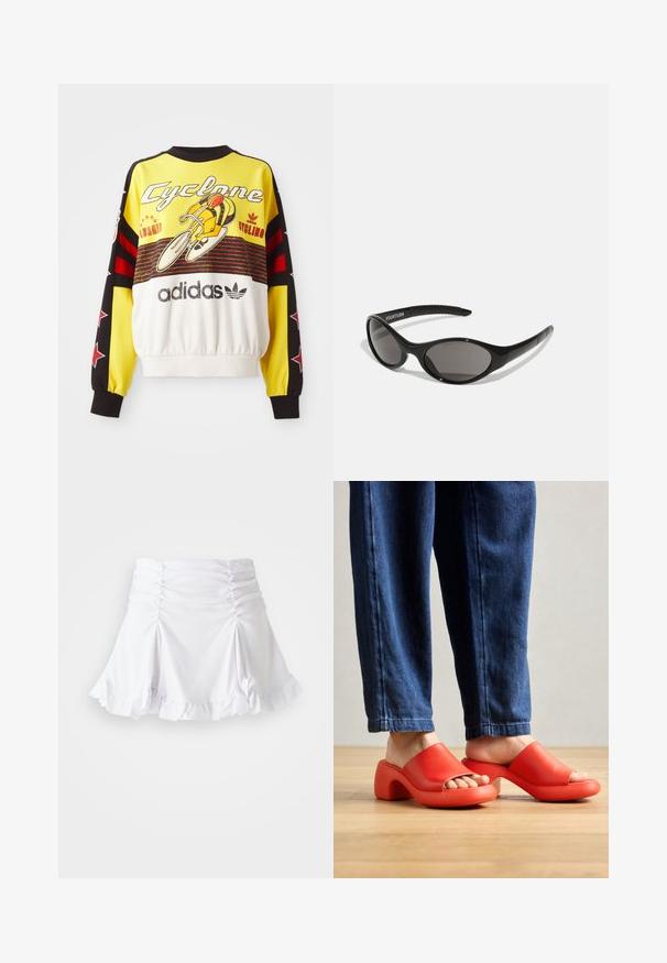 Keltainen huppari mustilla ja punaisilla yksityiskohdilla. Siinä on pyöräilygraafinen kuva ja "Cyclone"-teksti. Valmistettu pehmeästä materiaalista, jossa on kerätty helma.; Valkoinen hame, joka on valmistettu teksturoidusta kankaasta ja jossa on rypytetty yksityiskohta ja röyhelösauma. Hameessa on liehuva muotoilu ja istuva vyötärö.; Punaiset muoviset liukusandaalit avoimella varvalla, joissa on pyöreä, paksu korko ja sileä pinta. Yhdistetty sinisiin denimplajiin.; Musta aurinkolasit, joissa on soikea muoto ja tummat linssit. Tyylikäs muovikehys, jossa on teksturoituja yksityiskohtia varsissa. Brändäys sivussa.