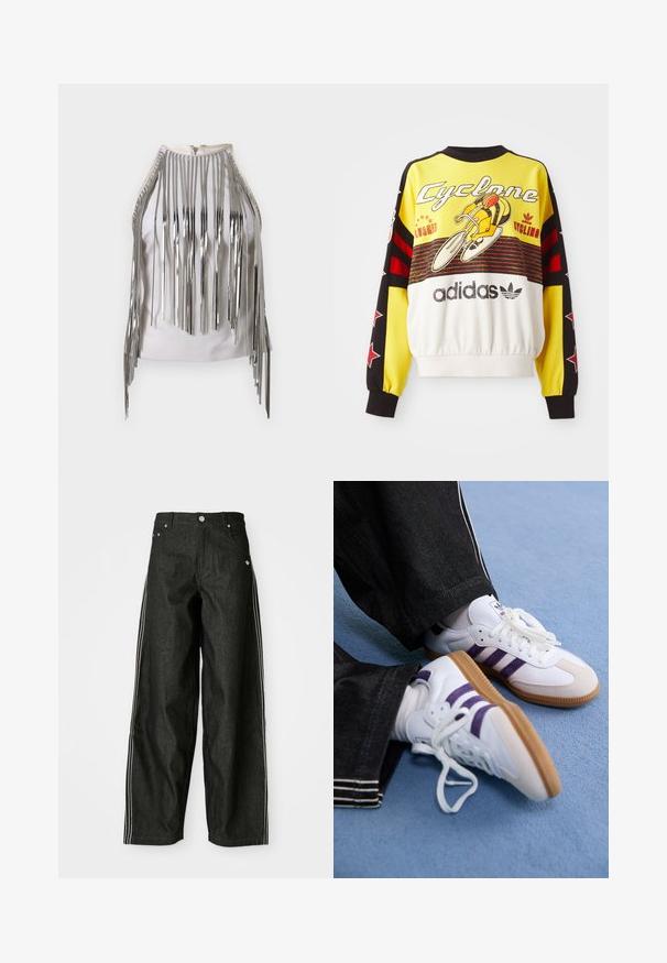 Sweat-shirt jaune avec des accents noirs et rouges. Présente un graphique de cyclisme et le texte "Cyclone". Fabriqué en matériau doux, avec un ourlet froncé.; Haut sans manches blanc avec de longues franges métalliques argentées le long des côtés et de l'encolure, créant ainsi une texture et une apparence contrastées saisissantes.; Pantalons en denim noir à jambes larges avec des rayures latérales blanches, dotés de poches avant, d'une fermeture à bouton et d'un logo subtil près de la taille.; Baskets blanches avec des rayures violettes et des semelles en caoutchouc marron, dotées de lacets ronds et d'un col rembourré. Portées avec un pantalon en denim foncé.