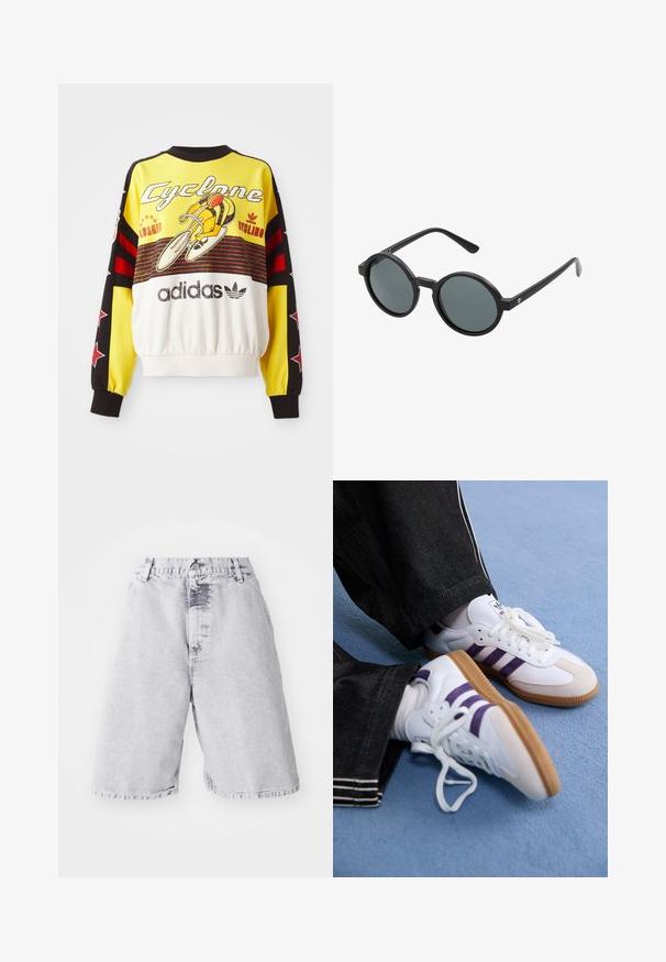 Rumena majica s kapuco z črnimi in rdečimi poudarki. Ima grafiko kolesarja in besedilo "Cyclone". Narejena je iz mehke tkanine, s nabrano obrobo.; Denimske kratke hlače v svetlo sivi barvi z zbledelim videzom. Imajo gumb in zadrgo za zapiranje, zanke za pas in ravno obliko hlačnic.; Bele atletske čevlje bele barve s purpurnimi črtami in rjavimi gumijastimi podplati, opremljeni z okroglimi vezalkami in oblazinjenim ovratnikom. Nosijo se s temnimi džins hlačami.; Okrogle sončna očala z črnim plastičnim okvirjem in temnosivimi lečami. Imajo tanke, ravne ročice z minimalističnimi poudarki.