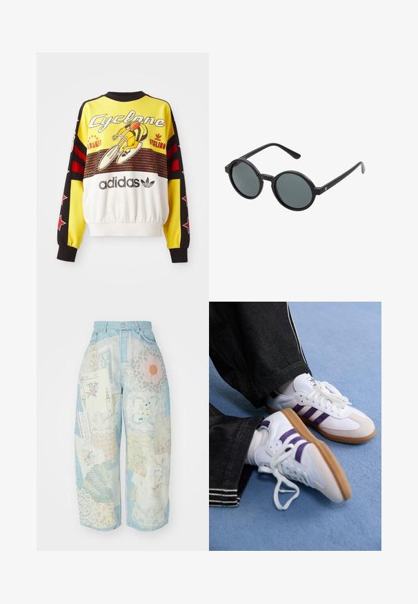 Žuta dukserica s crnim i crvenim detaljima. Sadrži grafiku bicikla i tekst "Cyclone". Izrađena je od mekog materijala, s nabranim rubom.; Trenirka od denima s patchwork dizajnom od raznih materijala u svijetloplavoj, bijeloj i pastelnim bojama, s čipkastim i cvjetnim uzorcima.; Bijele atletske tenisice s ljubičastim prugama i smešnim gumama, sa okruglim vezicama i podstavljenim ovratnikom. Nosive s tamnoplavim trapericama.; Okružne sunčane naočale s crnim plastičnim okvirom i tamnosivim sočivima. Ima tanke, ravne drške s minimalističkim detaljima.