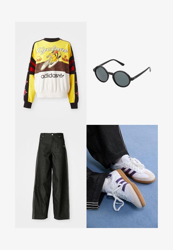 Geltonas džemperis su juodais ir raudonais akcentais. Turi dviratininko grafiką ir "Cyclone" tekstą. Pagamintas iš minkštos medžiagos, su raukšlėtu apačiu.; Juodi džinsiniai plačios kojos kelnės su baltomis šoninėmis juostelėmis, turi priekinės kišenes, mygtukų užtraukimą ir subtilų logotipą šalia juosmens.; Balti sportiniai batai su violetiniais dryžiais ir rudu guminiu padu, su apvaliais raišteliais ir paminkštintu apykakle. Dėvimi su tamsiai mėlynomis džinsinėmis kelnėmis.; Apvalūs akiniai nuo saulės su juodu plastiko rėmu ir tamsiai pilkais lęšiais. Yra plonos, tiesios kojelės su minimalistiniais akcentais.