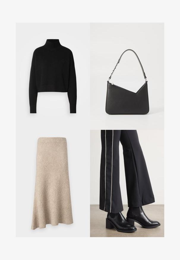 Pull court noir, col montant côtelé, manches longues, texture tricotée, avec un petit logo sur la poitrine.; Jupe mi-longue en A de couleur beige doux avec une surface texturée et sans fermetures ni motifs visibles.; Bottines en cuir Noir avec un talon bloc, dotées de panneaux élastiques sur les côtés. Associées à un pantalon noir avec une rayure blanche sur le côté.; Sac à main en cuir noir, de forme triangulaire, avec une sangle fine et des accessoires en métal argenté. Il dispose d'une fermeture zippée et d'un logo embossé à l'avant.