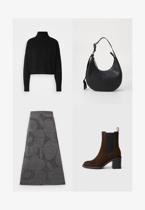 Melnā īsā džemperī, ribotā augsto apkakli, garajām piedurknēm, adīta tekstūra, ar mazu logo uz krūšu.; Pelēka, līdz ceļgaliem garā svārku ar teksturētu, spīdīgu apdari. Iezīmējas ar diskrētu tumšu rakstu. A-veida dizains ar pieguļošu jostas daļu.; Brūnas zamšādas potītes zābaki ar noapaļotu purngalu, sānu elastīgu paneļu un koka papēdi. Iekļauj aizmugurē velkamo cilpu vieglai uzvilkšanai.; Melnā ādas plecu soma ar izliekta veida formu, ar rāvējslēdzēju un regulējamu siksniņu. Priekšpusē ir iespiests zīmola logo.