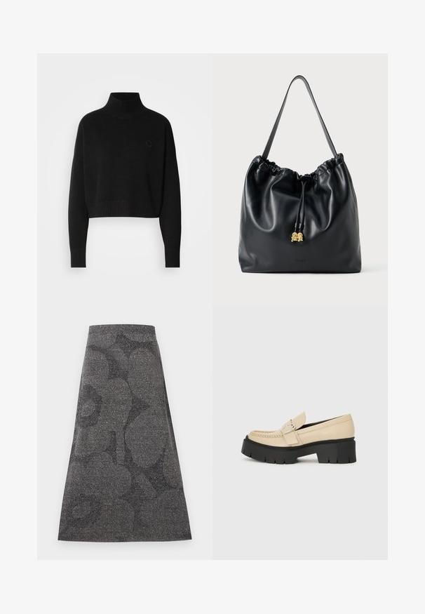 Pull court noir, col montant côtelé, manches longues, texture tricotée, avec un petit logo sur la poitrine.; Jupe grise, longueur genoux, avec une finition texturée et scintillante. Présente un motif sombre subtil. Design en A avec une taille ajustée.; Mocassins en cuir beige avec une semelle épaisse noire, dotés d'une boucle décorative et de détails de couture à l'avant. Vue de côté.; Sac en cuir noir avec cordon de serrage, texture lisse, partie supérieure froncée et matériel doré discret. Dispose d'une seule sangle robuste et d'un logo embossé.