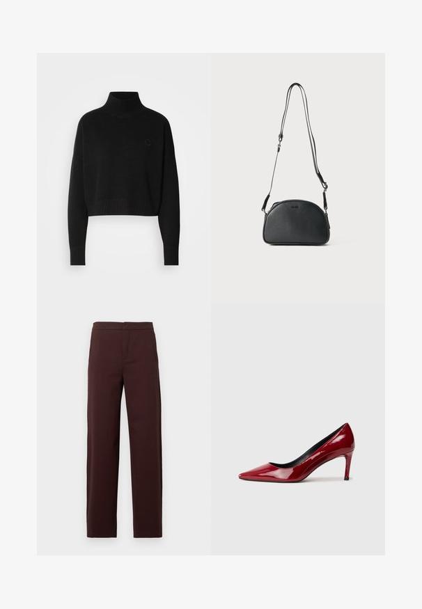 Black cropped sweater, ribbed turtleneck, long sleeves, knitted texture, featuring a small logo on the chest.; Brown, high-waisted, straight-leg trousers made from a smooth fabric. Features side pockets and a clean, unembellished design.; Red patent leather high-heeled shoe with a pointed toe and a slim heel. Smooth texture with a glossy finish and black interior lining.; Black leather crossbody bag with a rounded shape, two adjustable straps, and a subtle logo on the front. Textured exterior, minimalistic design.