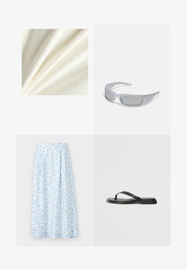 White fleece fabric with a soft, plush texture, showing smooth and slightly raised fibers, arranged in gentle folds.; Floral midi skirt in white and light blue, featuring a gathered waist, flared silhouette, and delicate blue floral pattern throughout.; Black flip-flop made of smooth leather, featuring a thin strap design and a flat sole with a minimal profile. No notable patterns or accents.; Sunglasses with a sleek, gray plastic frame, curved design, and gray tinted lenses. Features logo accent on one arm.
