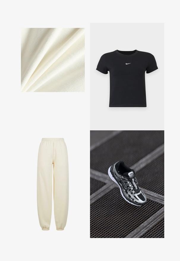 Hvid fleece-stof med en blød, plysset tekstur, der viser glatte og let hævede fibre, arrangeret i blide folder.; Sort kortærmet t-shirt lavet af bomuld med rund hals. Har et hvidt Nike-logo på brystet, minimalistisk design og tætsiddende pasform.; Cremefarvede joggerbukser lavet af blødt stof, med en bred benudskæring, elastisk talje og tætsiddende manchetter ved anklerne.; Nike løbesko med en sort og sølv farveskema, mesh-overdel, tekstureret sål og snøresystem for sikker pasform.