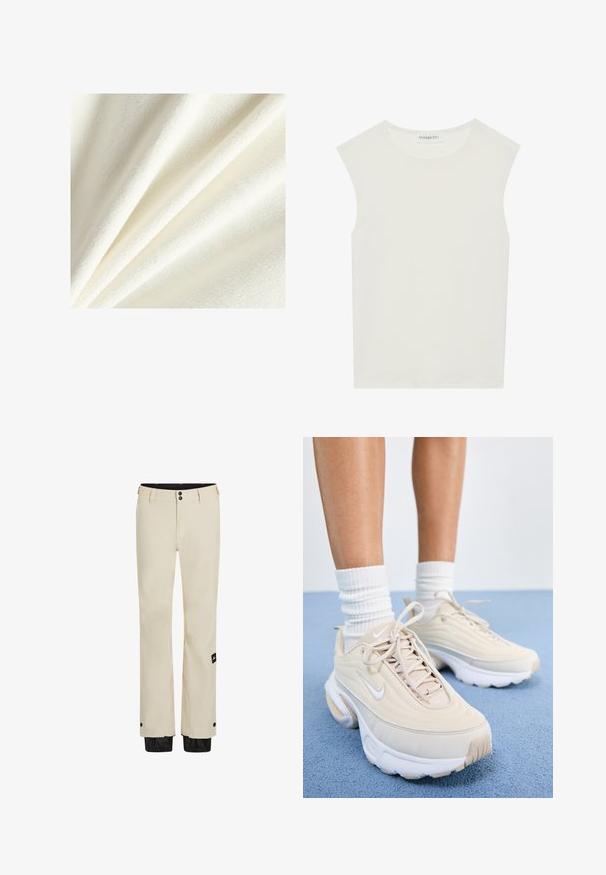 White fleece fabric with a soft, plush texture, showing smooth and slightly raised fibers, arranged in gentle folds.; White sleeveless top with a round neckline. Made of smooth fabric, it features a relaxed fit and minimalist design. No patterns or accents.; Beige weatherproof pants with two button closures, a zipper fly, and a black adjustable hem. Features a logo tag on the left leg.; Beige athletic shoes with a textured upper, white laces, and a thick white sole. The design features subtle curves and a small logo.