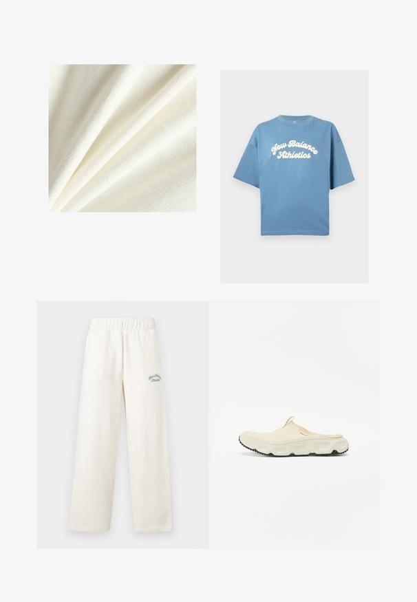 Tecido de lã branca com uma textura suave e peluda, apresentando fibras lisas e ligeiramente elevadas, dispostas em dobras suaves.; T-shirt de algodão azul com um corte solto, com mangas curtas e decote redondo. Logótipo branco "New Balance Athletics" impresso ao centro.; Calças largas de cor creme feitas de material suave, com uma cintura elástica. Apresenta texto bordado em verde discreto na frente.; Sapatilha slip-on em malha creme com sola branca espessa e sola exterior texturada preta. Apresenta uma alça no calcanhar para facilitar o calçar.