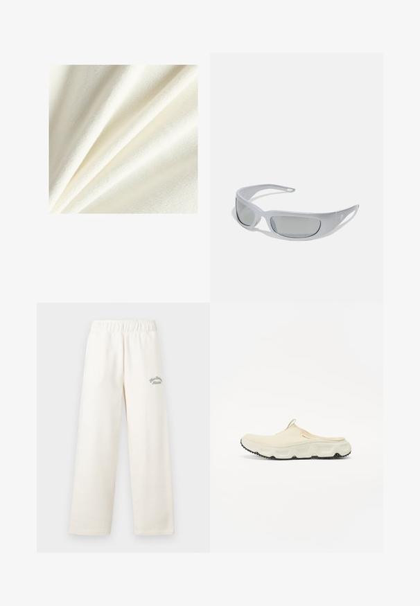 Hvit fleece-stoff med en myk, plysjaktig tekstur, som viser glatte og lett hevede fibre, arrangert i milde folder.; Blå bomull t-skjorte med løs passform, med korte ermer og rund hals. Hvit "New Balance Athletics" logo trykket sentralt.; Cremefargede vide bukser laget av mykt materiale med elastisk midje. Har subtilt grønt broderi på framsiden.; Kremfargede mesh slip-on sko med en tykk hvit såle og svart teksturert yttersåle. Har en løftesløyfe på hælen for enkel påføring.; Solsikkers med en slank, grå plastinnramming, buet design og gråtonede linser. Har logoaccent på én arm.