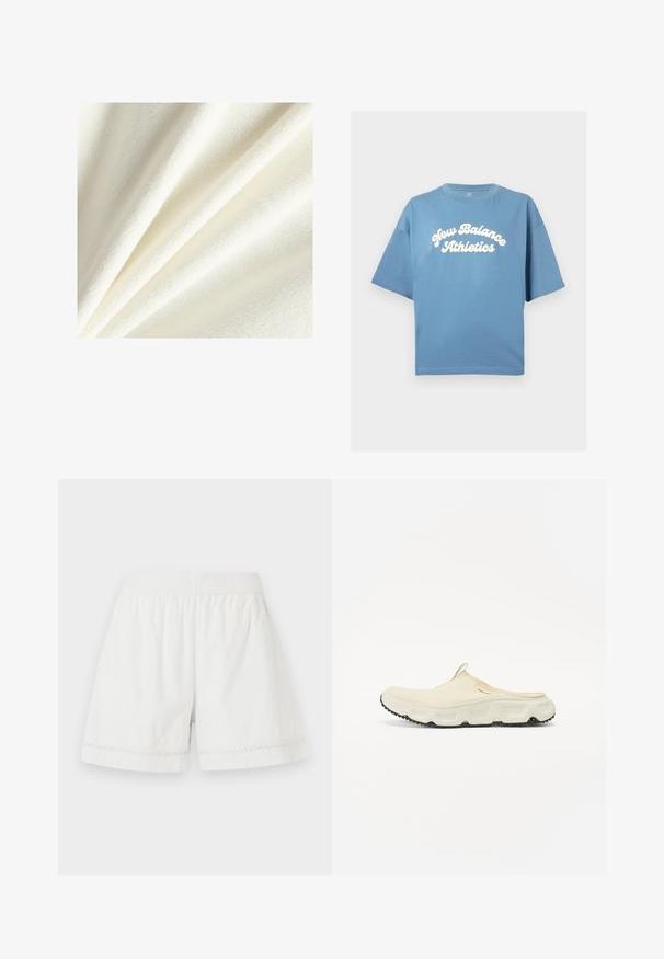 Bijela flis tkanina s mekim, pahuljastim teksturom, koja pokazuje glatke i blago uzdignute vlakna, raspoređena u nježnim naborima.; Plava pamučna majica s opuštenim fitom, kratkim rukavima i okruglim izrezom. Bijeli logo "New Balance Athletics" utisnut centrirano.; Bijele lanene hlačice s elastičnim pojasom, opuštenim krojem i ukrasnom čipkastom završetkom. Glatka tekstura i ležeran dizajn.; Kremaste mrežaste cipele bez vezivanja s debelim bijelim potplatom i crnim teksturiranim gumom. Imaju trakicu na peti za lako oblačenje.