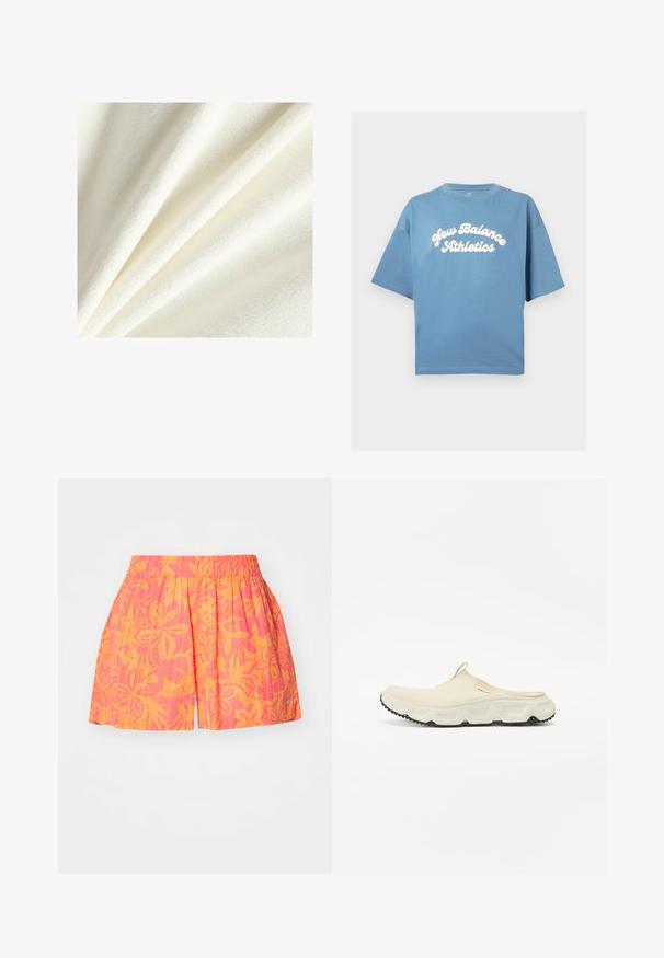 White fleece fabric with a soft, plush texture, showing smooth and slightly raised fibers, arranged in gentle folds.; Blue cotton t-shirt with a loose fit, featuring short sleeves and a crew neckline. White "New Balance Athletics" logo centrally printed.; Pink and orange floral print shorts with an elastic waistband and pleated design. Made from lightweight fabric, featuring a small side accent.; Cream mesh slip-on shoe with a thick white sole and black textured outsole. Features a pull tab at the heel for easy wear.