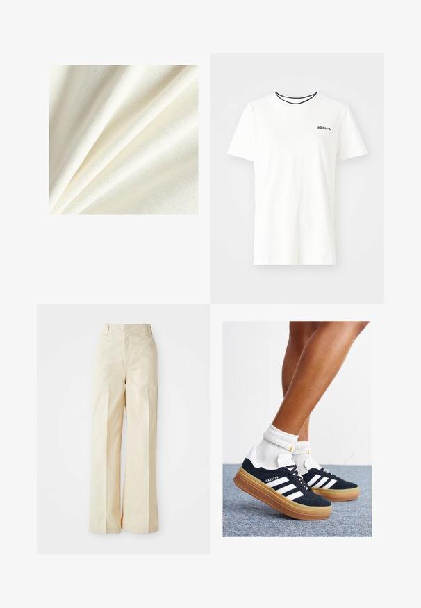 Vitt fleece tyg med en mjuk, plyschig textur, som visar släta och något upphöjda fibrer, arrangerade i mjuka veck.; Vit bomullströja med korta ärmar och rund halsringning. Har en svart Adidas-logotyp på bröstet och en kontrasterande svart innerkrage.; Beige vida byxor med hög midja, med ett glatt tyg och snyggt pressade framveck, mot en enkel vit bakgrund.; Svarta sneakers i mocka med vita ränder och detaljer, rundad tå, yttersula i gummiblandning, kombinerade med vita ribbade crew-strumpor.