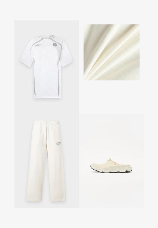 White fleece fabric with a soft, plush texture, showing smooth and slightly raised fibers, arranged in gentle folds.; White short-sleeve football shirt with a textured pattern, grey accents, and round neckline. Features logo on the chest and mesh panels.; Cream-colored wide-leg pants made from soft material with an elastic waistband. Features subtle green embroidered text on the front.; Cream mesh slip-on shoe with a thick white sole and black textured outsole. Features a pull tab at the heel for easy wear.